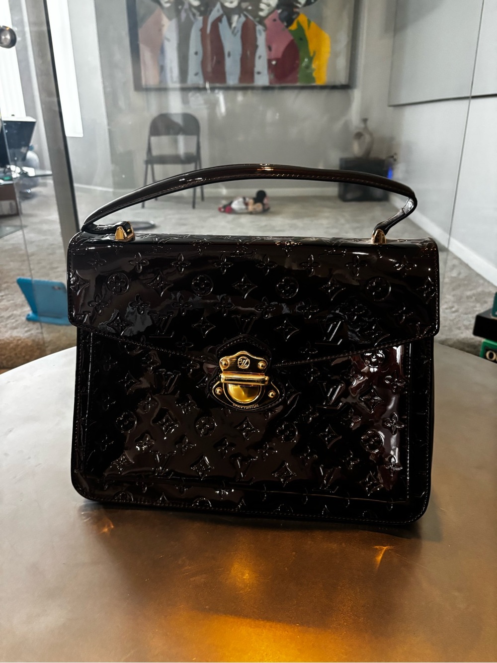 Black Vernis Monogram Top-Handle Satchel with Gold Hardware